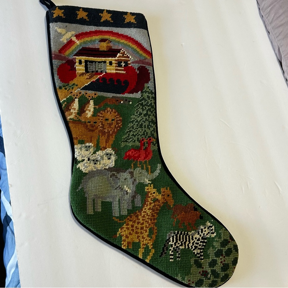 Vintage needle point stocking Noah’s are blue velvet backed Christmas stocking